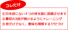 コレだけ。日本語にない４つの音を脳に認識させます、最初の3語が聞けるようにトレーニング、音だけでなく、意味も理解するクセづけ